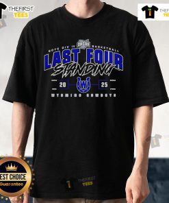 Official Wyoming Cowboys 2025 OHSAA Boys Division IV Basketball Last Four Standing T-Shirt in navy blue with team logo.