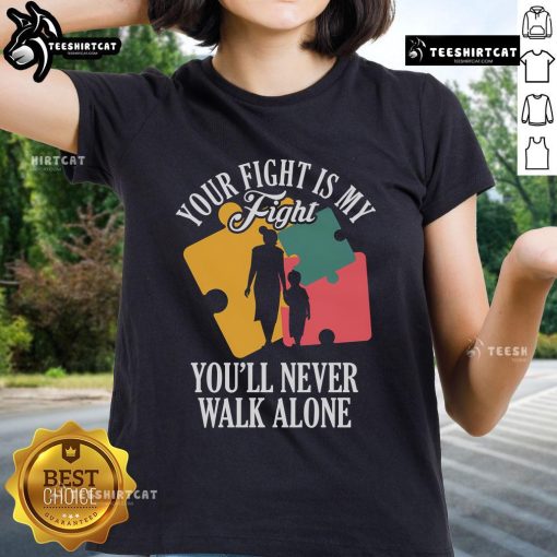 Mother and child wearing 'Your Fight My Fight Autism Awareness' tee, promoting autism awareness and support.