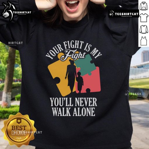 Mother and child wearing 'Your Fight My Fight' Autism Awareness sweatshirts, showcasing love and support for autism advocacy.