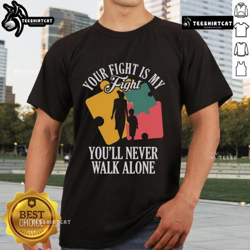 Mother and children wearing 'Your Fight My Fight' Autism Awareness T-shirt, showcasing support and love for autism.