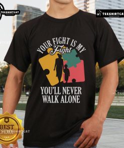 Mother and children wearing 'Your Fight My Fight' Autism Awareness T-shirt, showcasing support and love for autism.