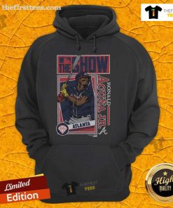 Original MLB The Show Braves Ronald Acua Jr. hoodie featuring team colors and logo, perfect for baseball fans.
