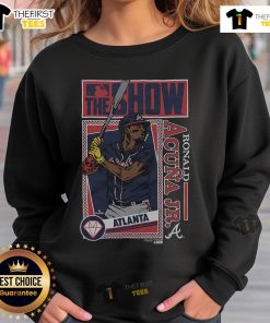 Alt Text: Original MLB The Show Braves Ronald Acua Jr. sweatshirt featuring team colors and player graphics for fans.