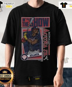 Original MLB The Show Braves Ronald Acua Jr. T-shirt featuring vibrant graphics and a comfortable fit for fans.