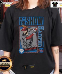 Original MLB The Show Phillies Bryce Harper Ladies Tee featuring stylish design and vibrant team colors for fans.