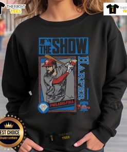 Original MLB The Show Phillies Bryce Harper sweatshirt featuring team colors and player graphics for fans.