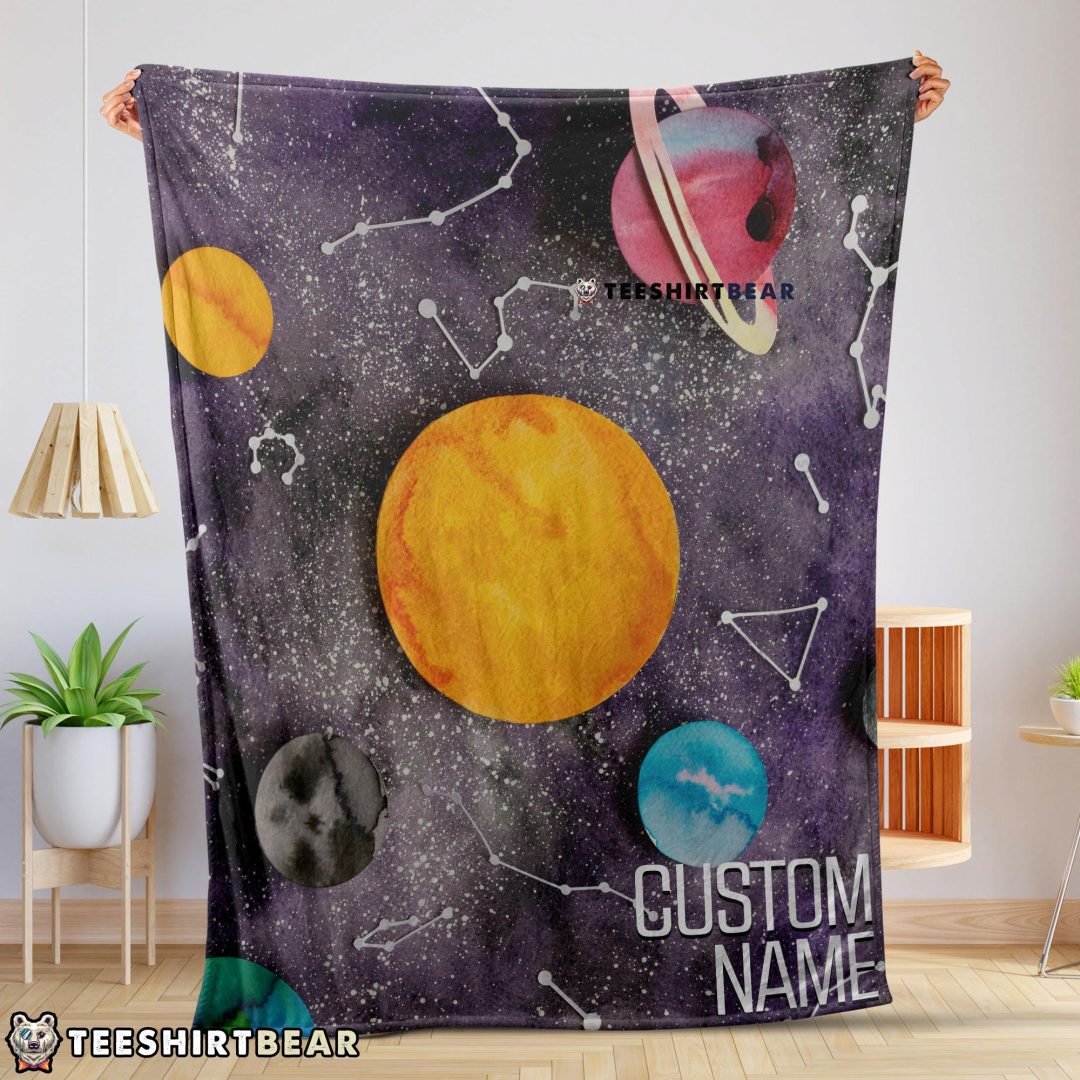 Outer Space Galaxy Watercolor Planets & Stars Blanket Fleece Customized Blanket Outer Space Galaxy Watercolor Planets & Stars Blanket Fleece Customized Blanket
