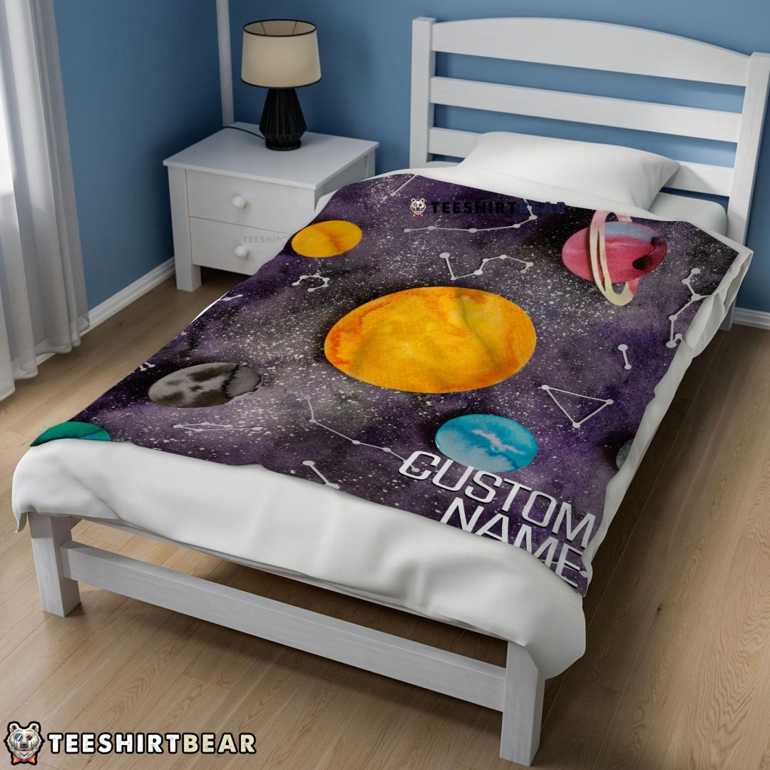 Outer Space Galaxy Watercolor Planets & Stars Blanket Fleece Customized Blanket Outer Space Galaxy Watercolor Planets & Stars Blanket Fleece Customized Blanket