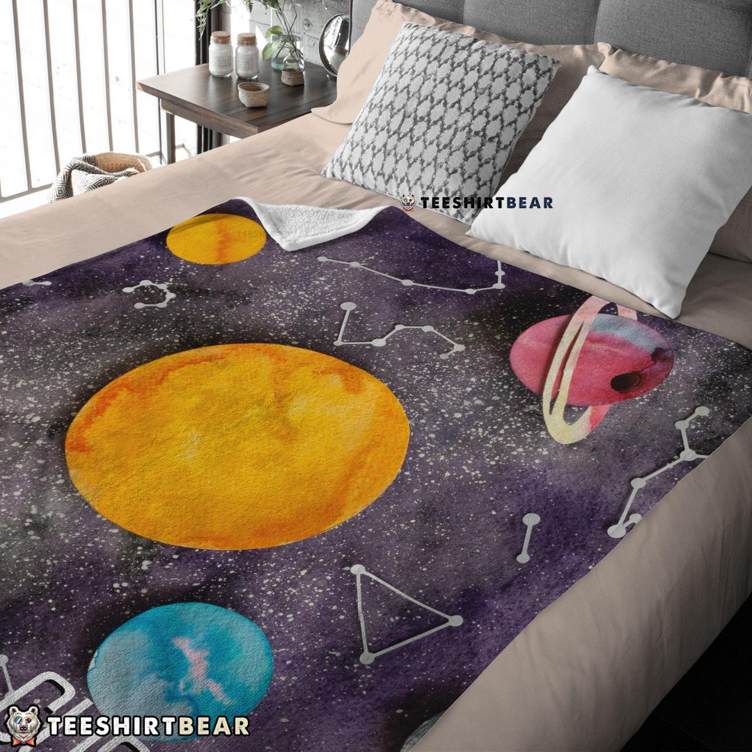Outer Space Galaxy Watercolor Planets & Stars Blanket Fleece Customized Blanket Outer Space Galaxy Watercolor Planets & Stars Blanket Fleece Customized Blanket