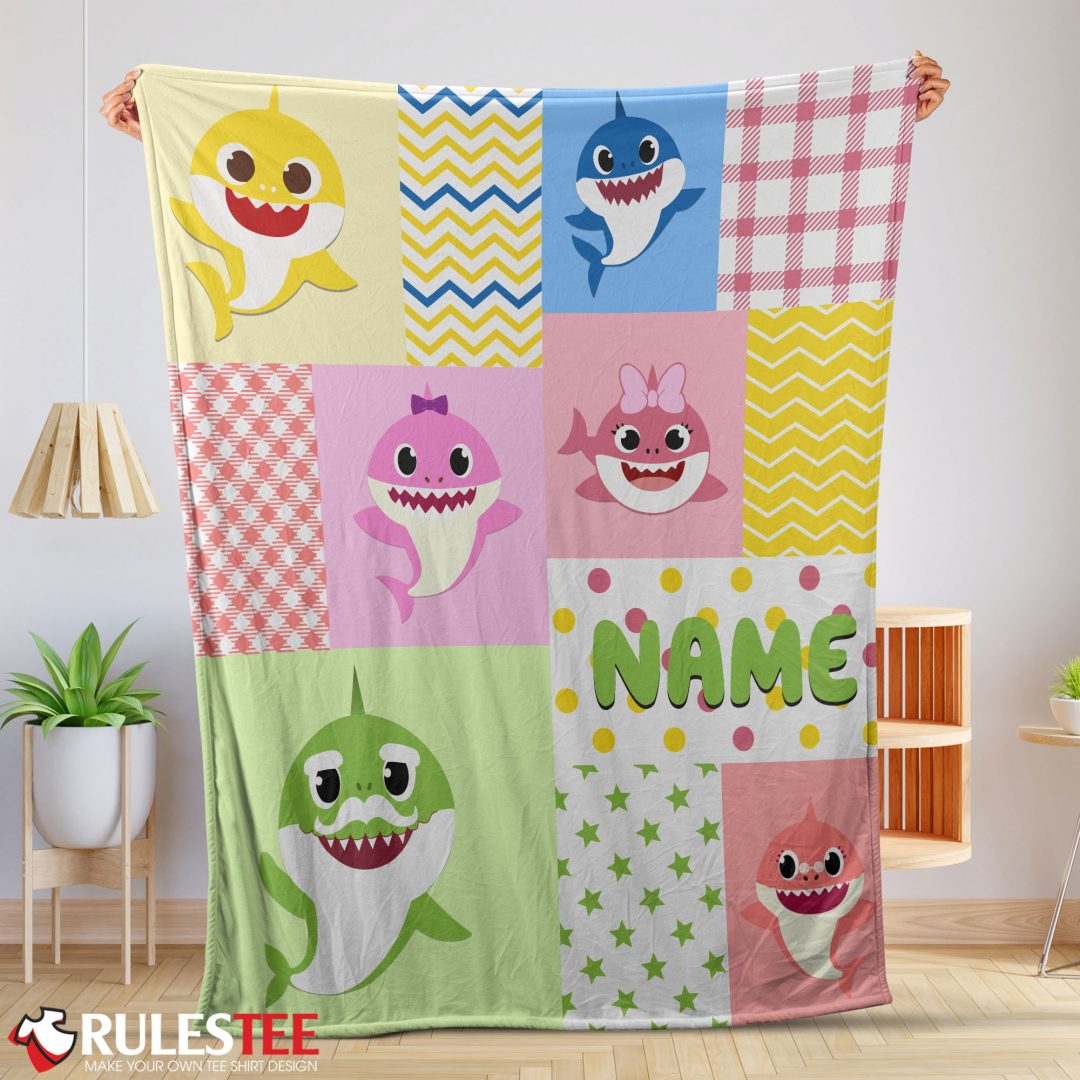 Personalized Colorful Baby Shark Blanket Fleece Customized Blanket Personalized Colorful Baby Shark Blanket Fleece Customized Blanket
