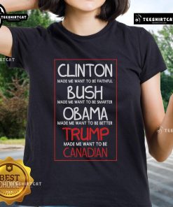 Premium Anti-Trump Ladies Tee featuring a humorous 'Made Me Want to Become Canadian President' design.