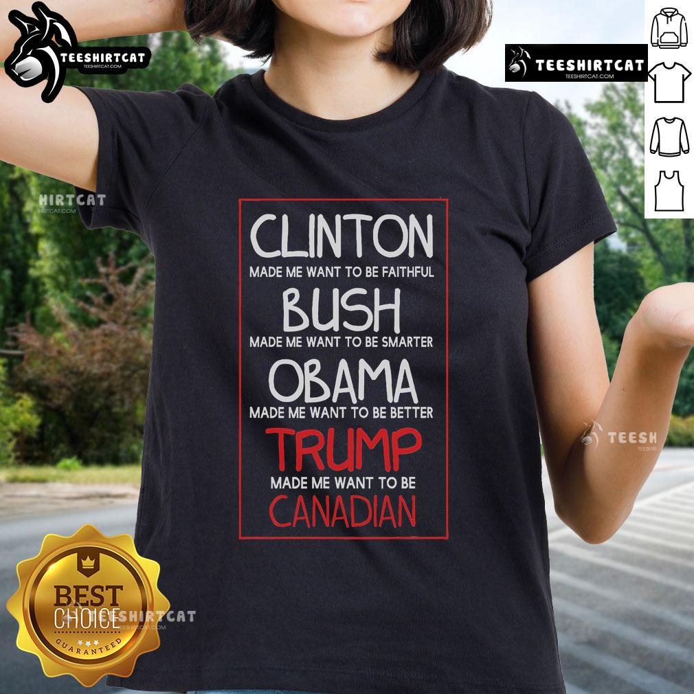 Premium Anti Trump Made Me Want Become Canadian President Ladies Tee Premium Anti-Trump Ladies Tee featuring a humorous 'Made Me Want to Become Canadian President' design.