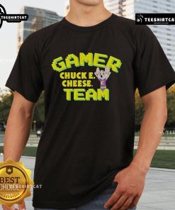 Alt Text: Premium Chuck E. Cheese Gamer Team T-Shirt featuring vibrant graphics and a comfortable fit for gaming enthusiasts.