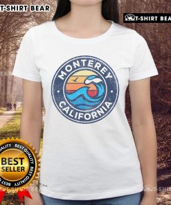 Premium Monterey California vintage nautical waves ladies tee in sunny coastal setting, perfect for ocean lovers.