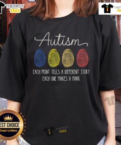 Retro ladies tee featuring unique autism fingerprint design, symbolizing individuality and diverse stories told through art.