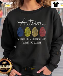 Alt Text: Retro sweatshirt featuring a colorful fingerprint design, symbolizing autism, with the phrase Each print tells a different story.