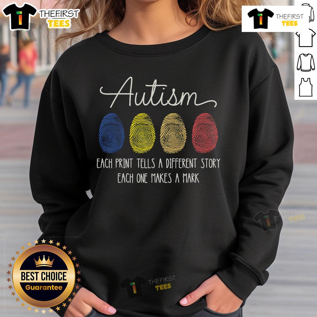 Pretty Autism Fingerprint Each Print Tells A Different Story Each One Makes A Mark Retro Sweatshirt Alt Text: Retro sweatshirt featuring a colorful fingerprint design, symbolizing autism, with the phrase Each print tells a different story.