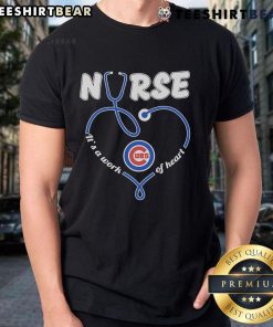 Alt Text: Pretty Chicago Cubs Nurse T-Shirt featuring 'Its A Work Of Heart' design, perfect for fans and healthcare professionals.