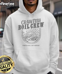 Group enjoying a crawfish boil wearing 'Pinch, Peel, Eat, Repeat' hoodies, celebrating seafood and fun times together.