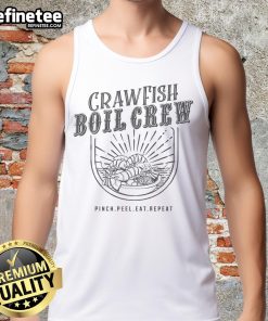 Group of friends enjoying a fun crawfish boil wearing 'Pinch, Peel, Eat, Repeat' tank tops at a lively outdoor party.