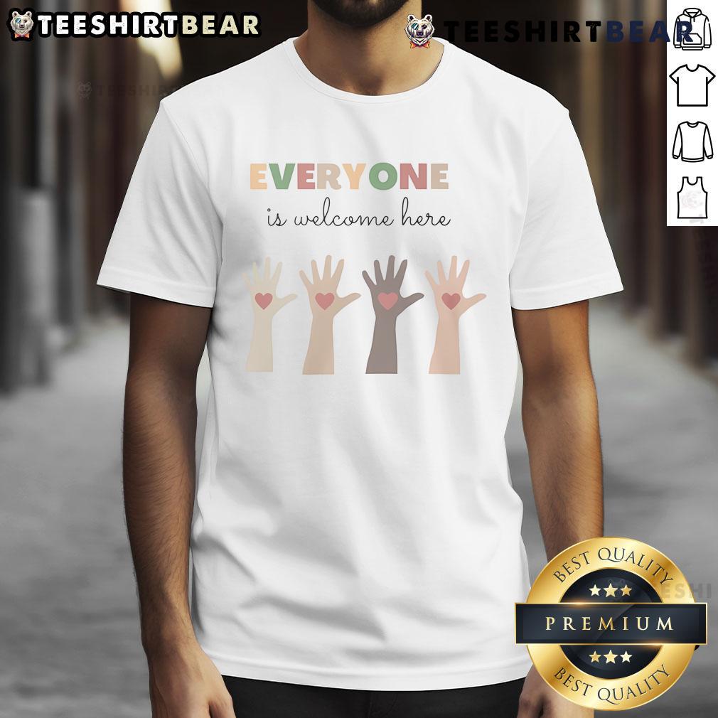 Pretty Everyone Is Welcome Here T Shirt Alt Text: Pretty Everyone Is Welcome Here T-Shirt featuring vibrant colors and inclusive message, perfect for casual wear.