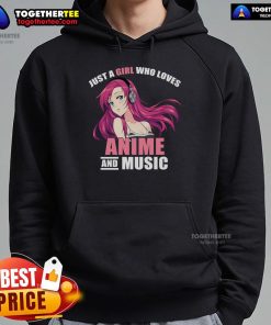Pretty girl in an anime hoodie, showcasing her love for anime and music with a vibrant design.