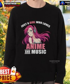 Pretty girl wearing an anime sweatshirt, showcasing her love for anime and music in a stylish, casual look.