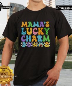 Alt Text: Stylish 'Pretty Mama's Lucky Charm' Saint Patrick's Day T-Shirt featuring vibrant green design and festive shamrocks.