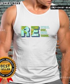 Alt Text: Pretty Earth tank top featuring 'Recycle, Reuse, Renew, Rethink' slogan, promoting environmental activism and sustainability.