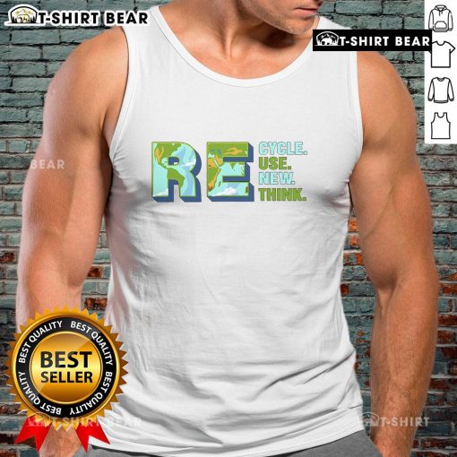 Alt Text: Pretty Earth tank top featuring 'Recycle, Reuse, Renew, Rethink' slogan, promoting environmental activism and sustainability.