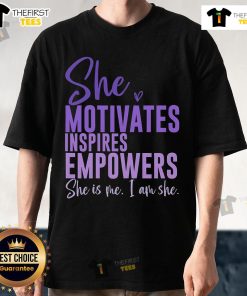 Pretty She Motivates Inspires Empowers International Women Day T-Shirt design featuring bold, empowering text and vibrant colors.