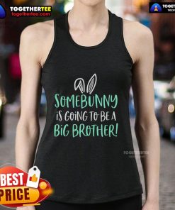 Mom-to-be wearing 'Pretty Some Bunny Is Going To Be A Big Brother' Easter tank top for pregnancy announcement.