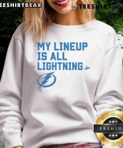 Pretty Tampa Bay Lightning My Lineup sweatshirt displayed on a mannequin, showcasing team colors and logo.