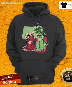 Pretty Vee and Shelly Dandy wearing a cute hoodie from Dandy's World, showcasing vibrant colors and playful design.