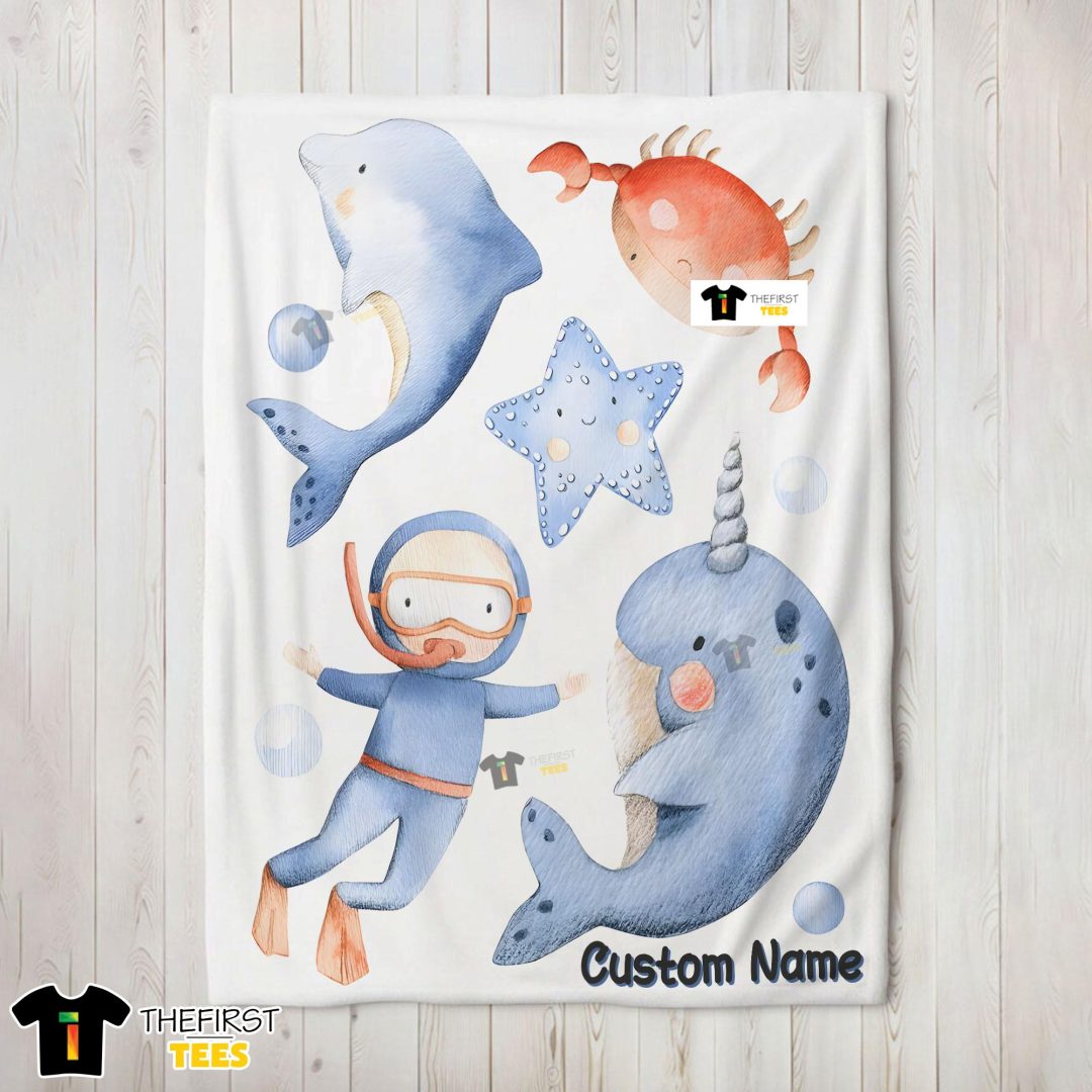 SEA'ST~1 Sea's Treasures Narwhal Dolphin Crab Starfish Scuba Divers Blanket Fleece Customized Blanket