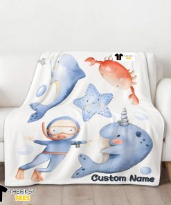 Sea's Treasures Narwhal Dolphin Crab Starfish Scuba Divers Blanket Fleece Customized Blanket
