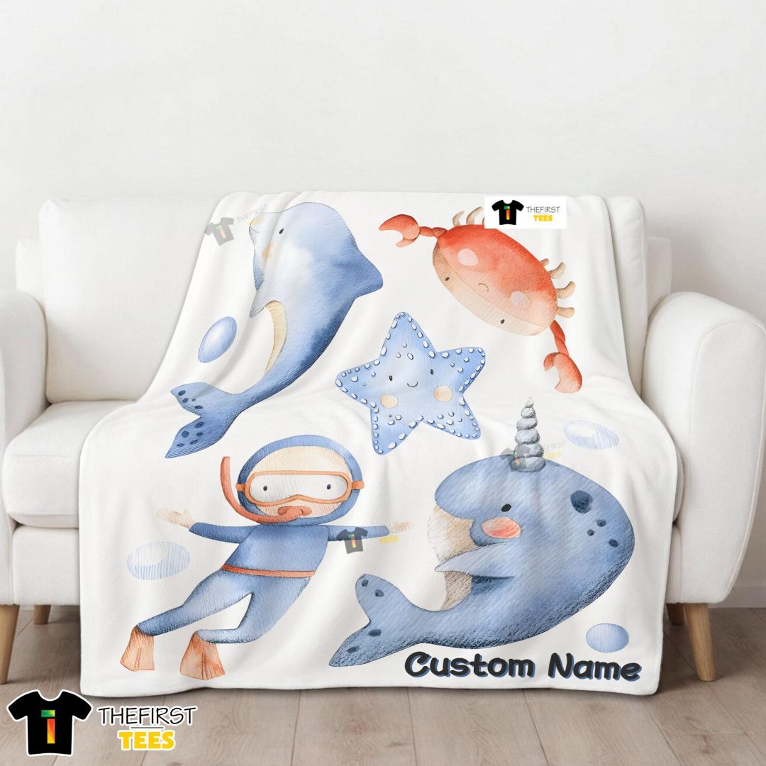 Sea's Treasures Narwhal Dolphin Crab Starfish Scuba Divers Blanket Fleece Customized Blanket Sea's Treasures Narwhal Dolphin Crab Starfish Scuba Divers Blanket Fleece Customized Blanket