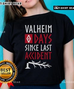 Funny gamer ladies tee featuring 'Top 0 Days Since Last Accident' design inspired by Valheim Norse mythology.