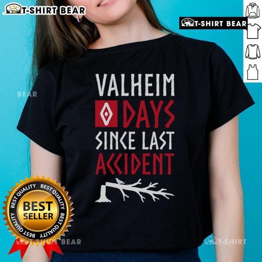 Funny gamer ladies tee featuring 'Top 0 Days Since Last Accident' design inspired by Valheim Norse mythology.