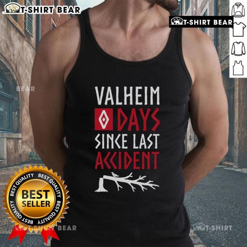 Funny gamer tank top featuring 'Top 0 Days Since Last Accident' design, perfect for Valheim fans and Norse mythology lovers.