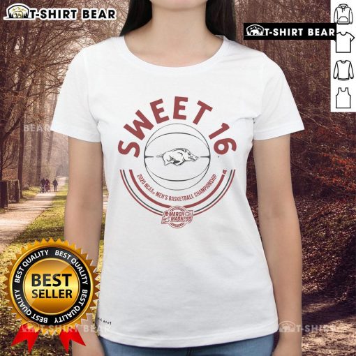 Top Arkansas Basketball 2025 Sweet Sixteen Ladies Tee featuring vibrant team colors and stylish design for fans.