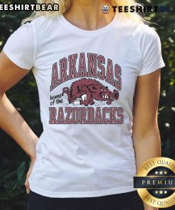 Alt Text: Top Arkansas Home of the Razorbacks Slobbering Hog Ladies Tee featuring vibrant graphics and fan-friendly design.