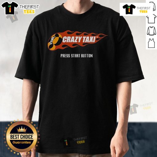 Top Crazy Taxi Press Start Button T-Shirt featuring vibrant graphics and retro gaming design, perfect for game enthusiasts.