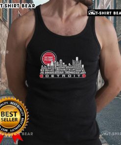 Alt Text: Top Detroit Pistons all-name of legends city skyline tank top featuring vibrant graphics and team spirit.