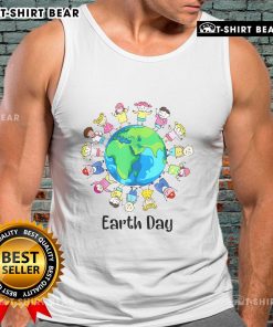 Children around the world celebrating Earth Day in colorful tank tops, promoting planet conservation and awareness.