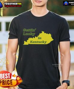 Alt Text: Top Gettin Lucky In Kentucky Cool T-Shirt design featuring a stylish graphic and vibrant colors for Kentucky fans.