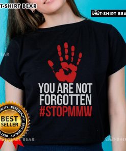Top Missing and Murdered Indigenous Women stop MMW ladies tee, showcasing awareness and support for Indigenous rights.