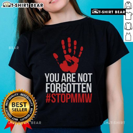 Top Missing and Murdered Indigenous Women stop MMW ladies tee, showcasing awareness and support for Indigenous rights.
