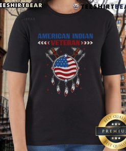 Patriotic Indigenous ladies tee featuring Native American Indian veteran design with USA flag.