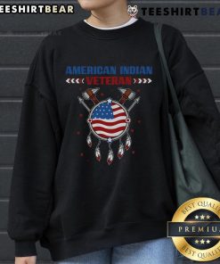 Patriotic Native American Indian veteran sweatshirt featuring the USA flag, celebrating indigenous heritage and pride.